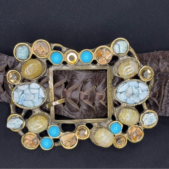 LeatheRock Brown Braided Leather Semi Precious Stone Encrusted Buckle Belt S main image 7
